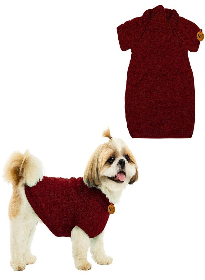 سايج سكوير سترة صوفية محبوكة يدويًا من Sage Square للكلاب من فصيلة شيه تزو | ملابس شتوية دافئة | ناعمة وقابلة للتمدد | ملابس حيوانات أليفة مصنوعة يدويًا للطقس البارد | زي مريح وأنيق | سترة محبوكة (لون عنابي) - Image 1